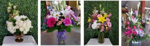 4 different flower arrangements using different types of flowers with a green bush background
