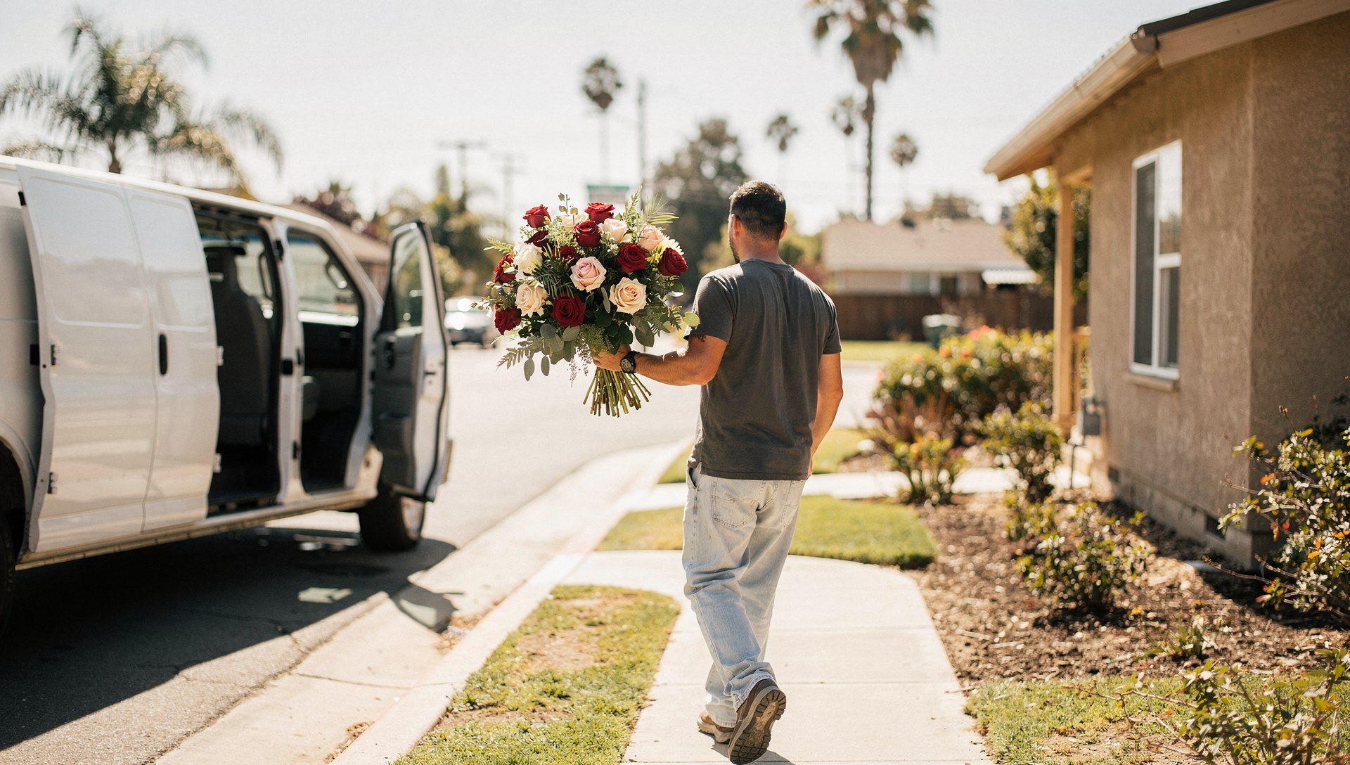 Same day flower delivery National City bouquet carried to a home on a sunny street