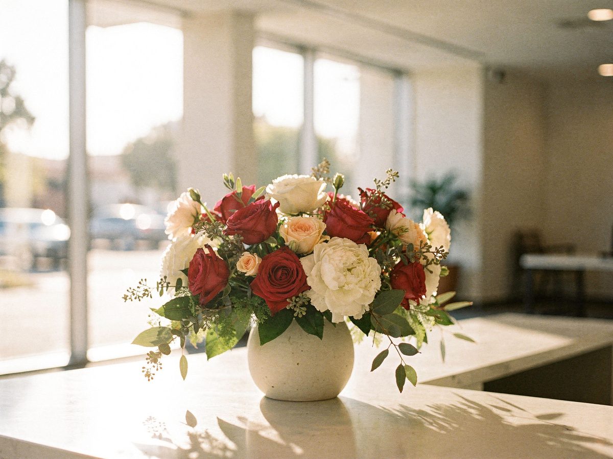 Fresh flower arrangement on the reception desk of a San Diego office