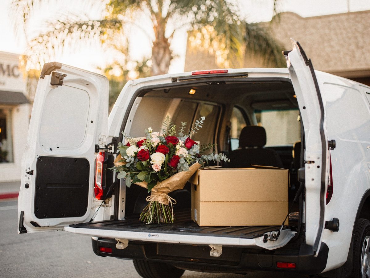Flower delivery box and wrapped bouquet ready to leave for a San Diego delivery