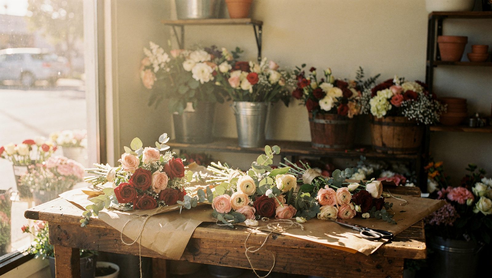 Fresh bouquets on the worktable at Rosita's Flowers, a family-owned flower shop in San Diego