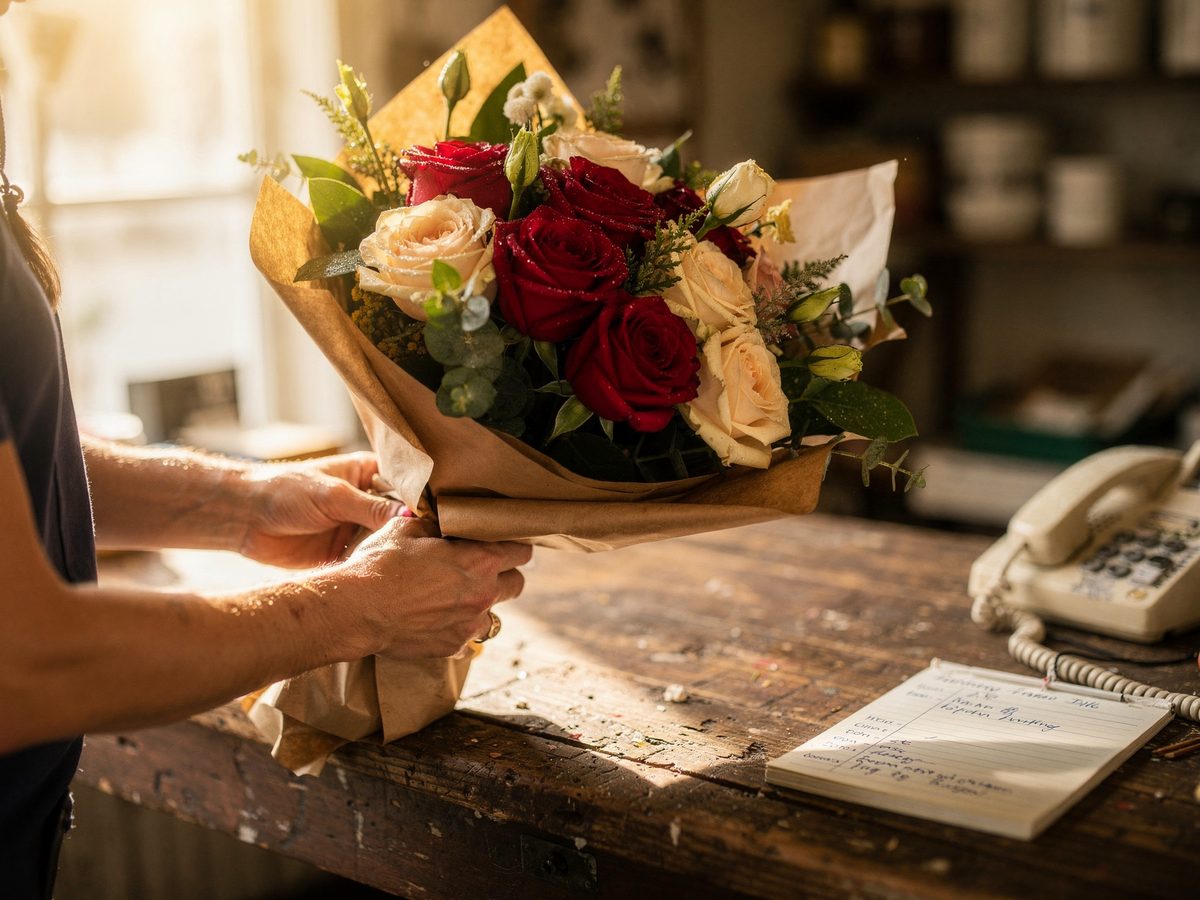 Florist wrapping a rose bouquet in kraft paper while taking a phone flower order